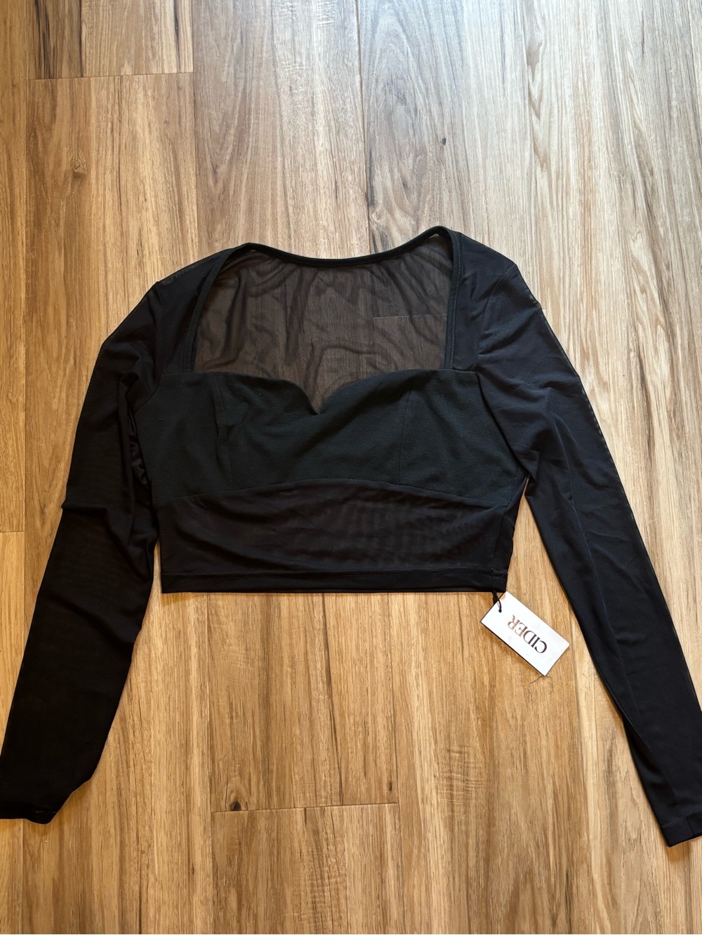 Cider Black Sheer-Panel Long Sleeve Crop Top